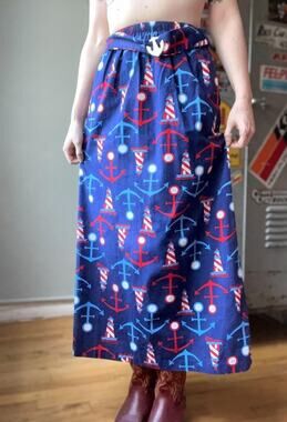 Vintage 60s Nautical Maxi Skirt | Anchor Lighthouse Print Cotton Skirt | XS/S